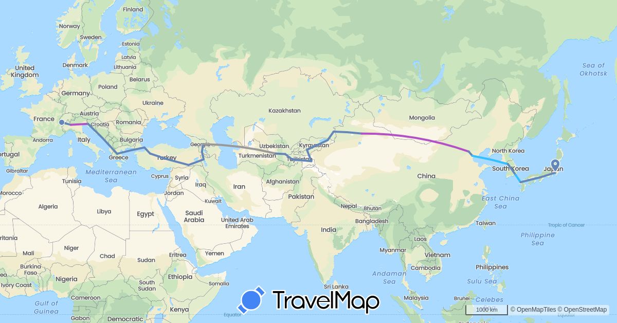 TravelMap itinerary: driving, plane, cycling, train, boat in Armenia, China, France, Georgia, Greece, Iran, Italy, Japan, Kyrgyzstan, South Korea, Kazakhstan, Tajikistan, Turkey, Uzbekistan (Asia, Europe)
